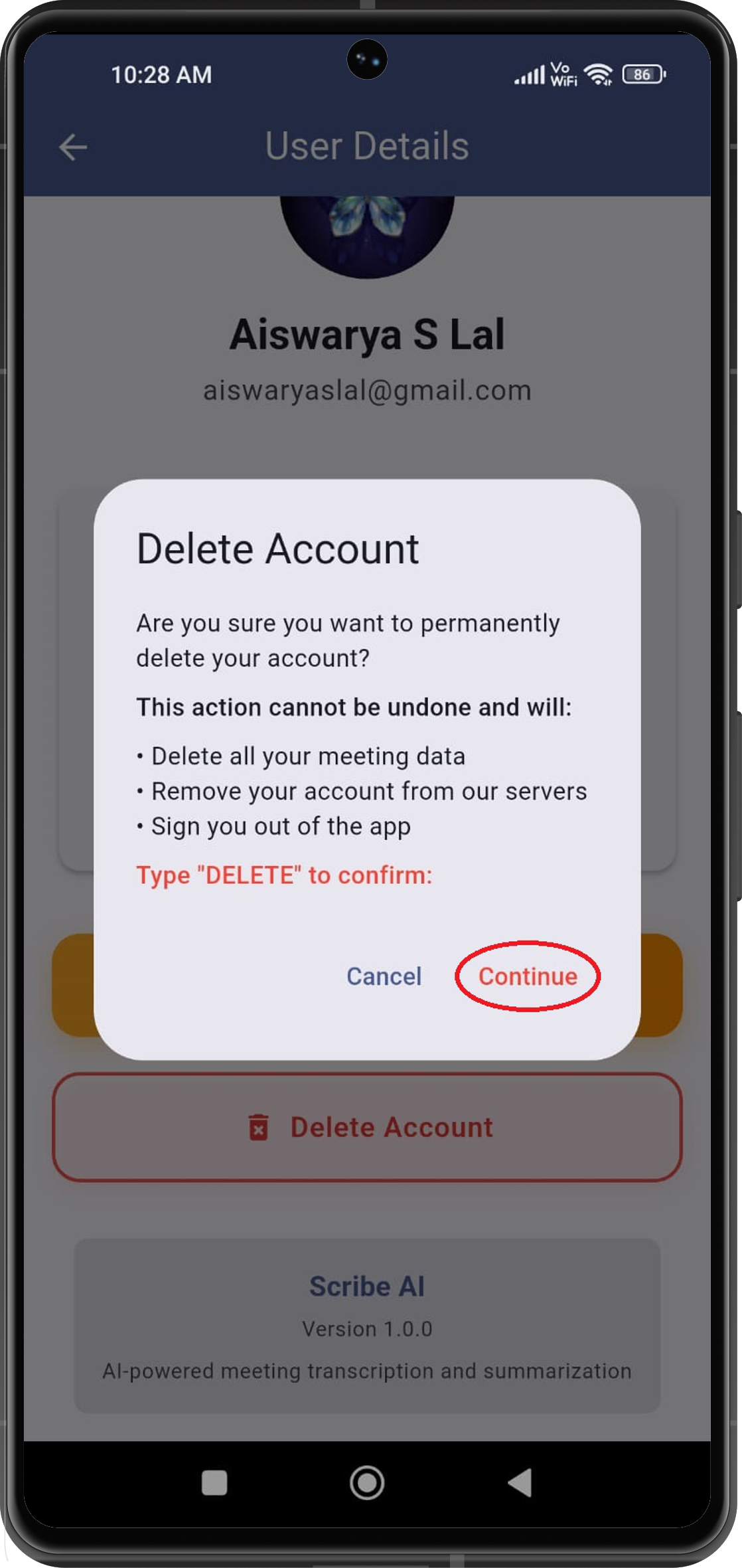 Tap the **continue** button in the confirmation dialog box.